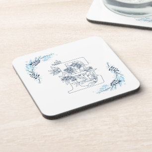Initial "E" Blue Monogram Calm Floral Coaster