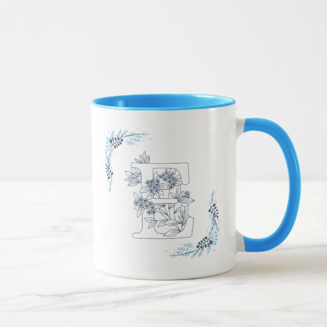 Initial "E" Blue Monogram Calm Floral Coffee Mug (Right)