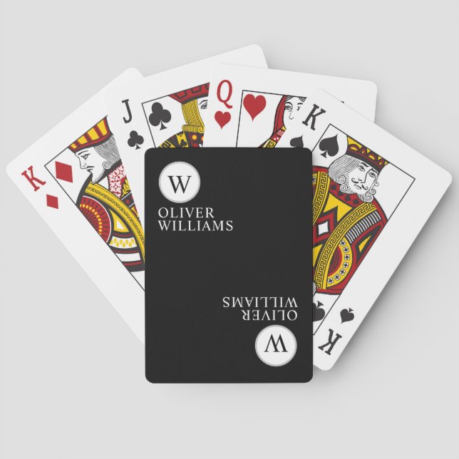 Initial (editable W) Circle Monogram Black Playing Cards (Back)