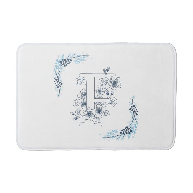 Initial "F" Blue Monogram Calm Floral Bath Mat (Front)