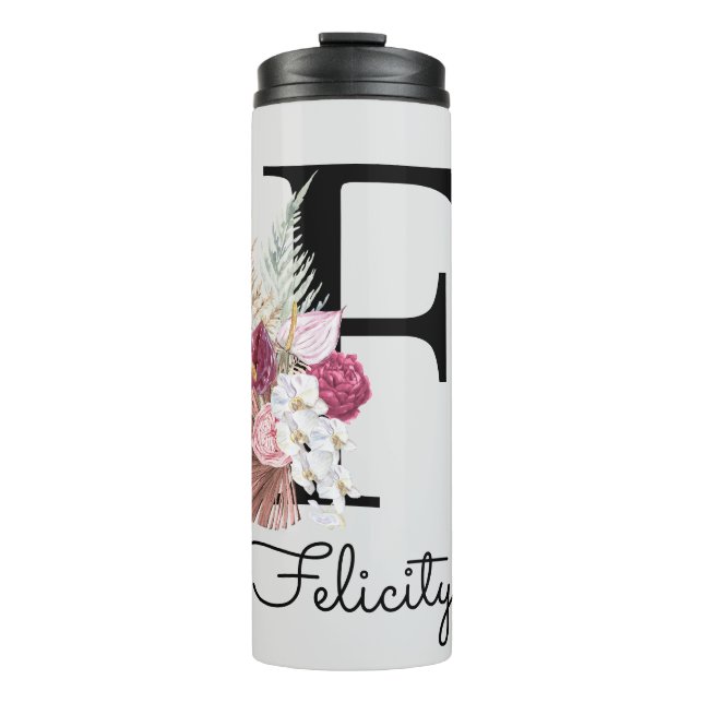 Initial F Monogram Pink Boho Girly Floral Thermal Tumbler (Front)