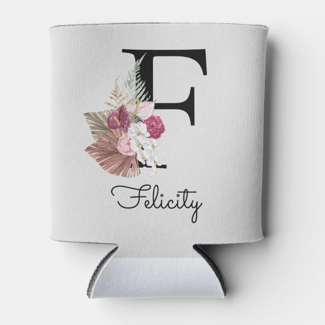 Initial F Monogram Pink Floral Can Cooler (Front)