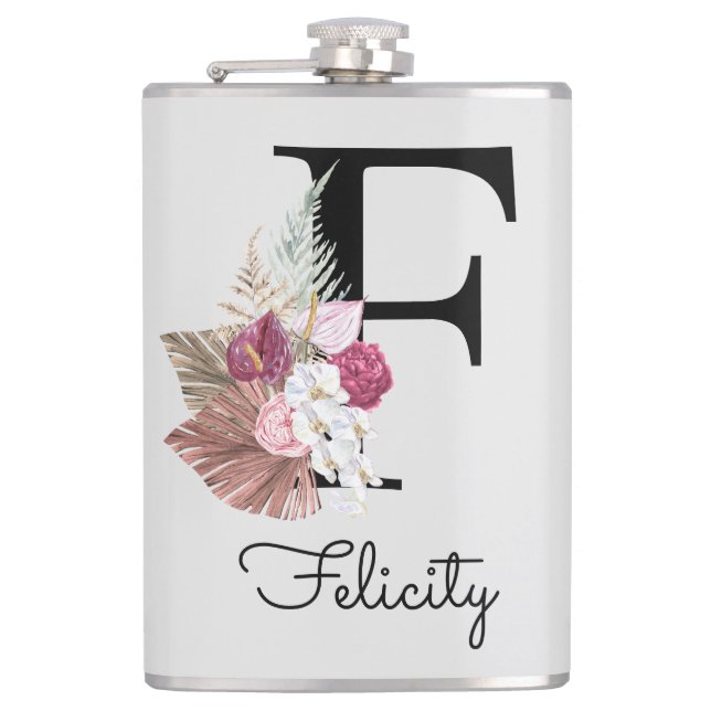 Initial F Monogrammed Pink Boho Floral Hip Flask (Front)