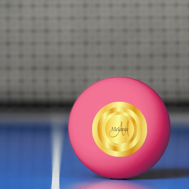 Initial Faux Gold Modern Monogram Template Pink Ping Pong Ball (Net)