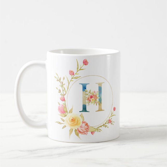 Initial floral letter H floral frame Coffee Mug (Left)