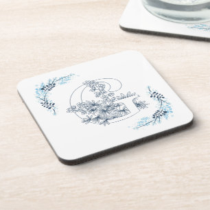 Initial "G" Blue Monogram Calm Floral Coaster