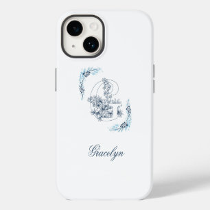 Initial "G" Blue Monogram Calm Floral iPhone 14 Case