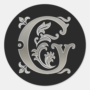 Initial G Round Sticker in silver