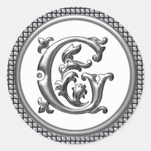 Initial G Round Sticker in Silver