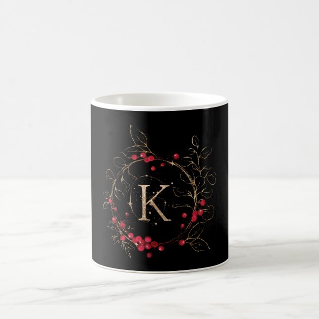 Initial Glitter Letter K Holly Eucalyptus Holiday Coffee Mug (Center)