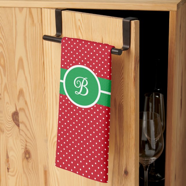 Initial, Green Red White Swiss Dot Kitchen Towel (Thirds Fold)