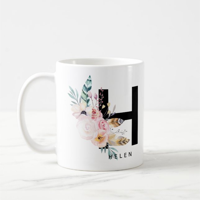 Initial 'H' Alphabet Mug Monogram Boho Watercolour (Left)
