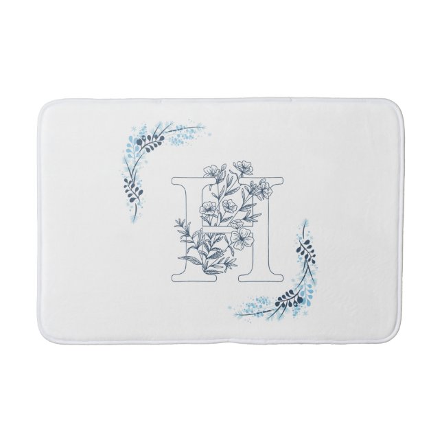 Initial "H" Blue Monogram Calm Floral Bath Mat (Front)