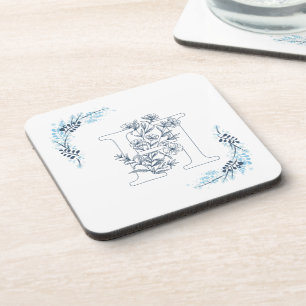 Initial "H" Blue Monogram Calm Floral Coaster