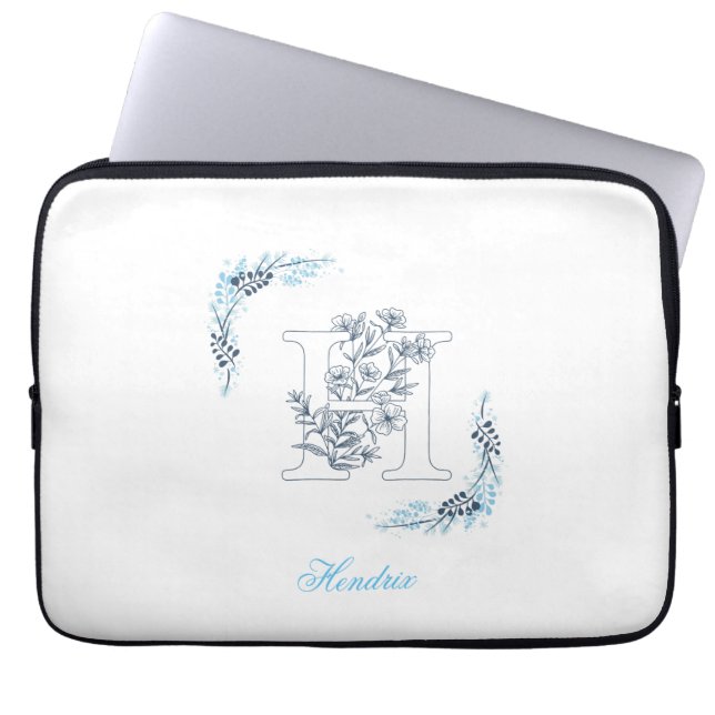 Initial "H" Blue Monogram Calm Floral Laptop Sleeve (Front)