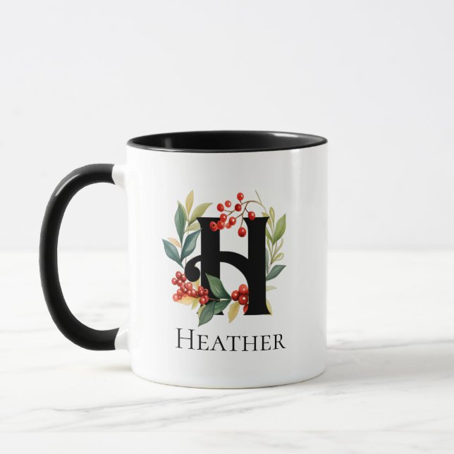 Initial H Monogram Christmas Berry Wreath Mug (Left)