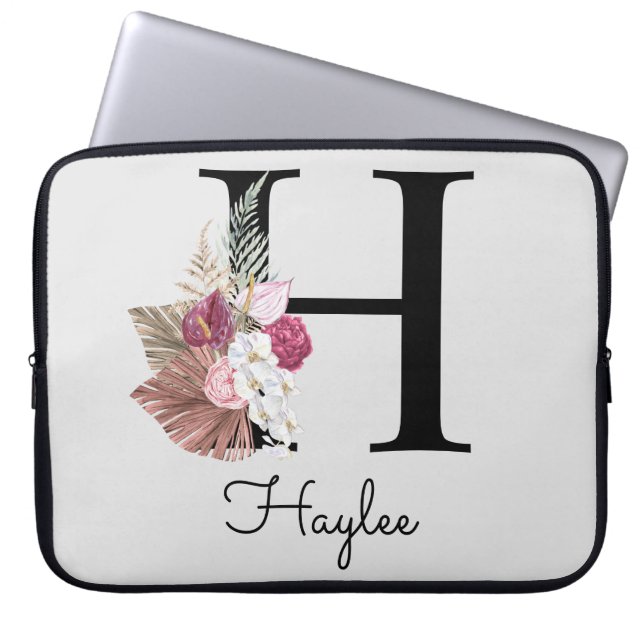 Initial H Monogrammed Pink Boho Floral Laptop Sleeve (Front)