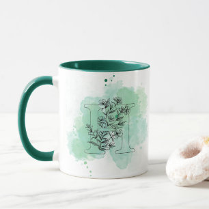 Initial H Watercolor Monogram Green Botanical  Mug