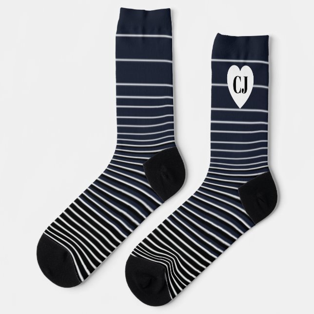Initial Heart Stripe Crew Socks Blue White (Left)