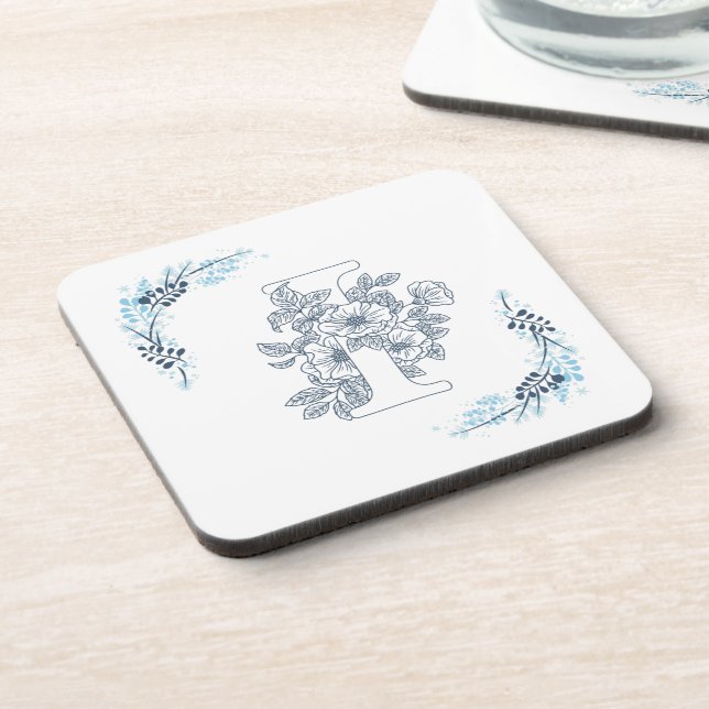 Initial "I" Blue Monogram Calm Floral Coaster (Left Side)