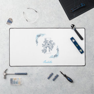 Initial "I" Blue Monogram Calm Floral Desk Mat