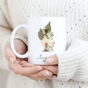 Initial I Boho Floral Orchid Greenery Custom Name Coffee Mug