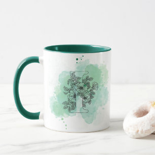 Initial I Watercolor Monogram Green Botanical Mug