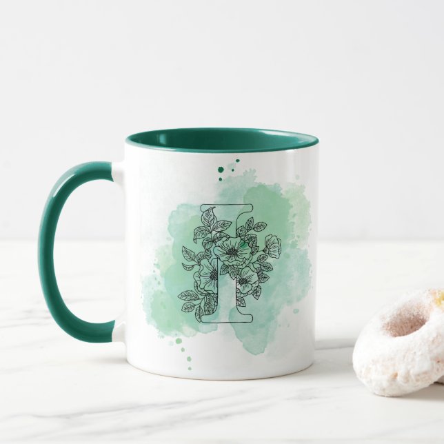 Initial I Watercolor Monogram Green Botanical  Mug (With Donut)