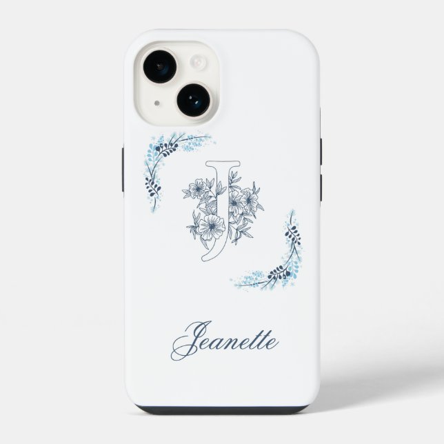 Initial "J" Blue Monogram Calm Floral iPhone Case (Back)