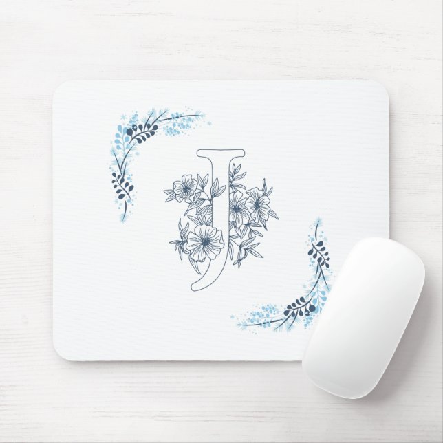 Initial "J" Blue Monogram Calm Floral Mouse Pad (With Mouse)