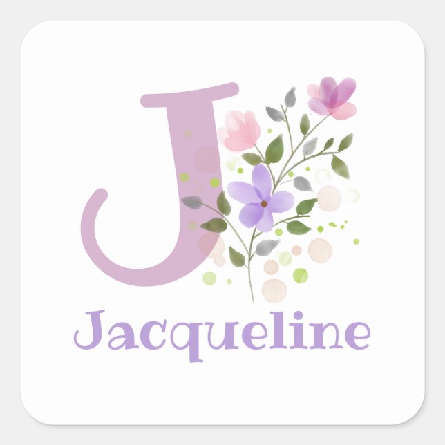 Initial J Plus Name Jacqueline & Flowers Design Square Sticker (Front)