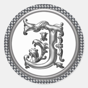 Initial J Round Sticker in Silver
