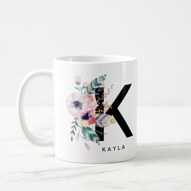 Initial 'K' Alphabet Mug Monogram Boho Watercolour (Left)