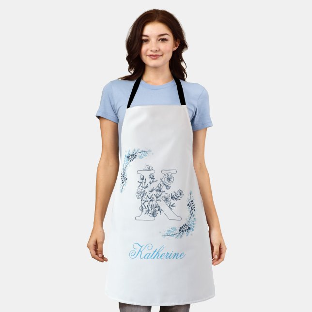 Initial "K" Blue Monogram Calm Floral Apron (Worn)