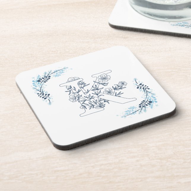 Initial "K" Blue Monogram Calm Floral Coaster (Left Side)