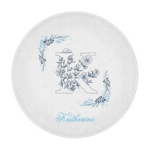 Initial "K" Blue Monogram Calm Floral Cutting Board