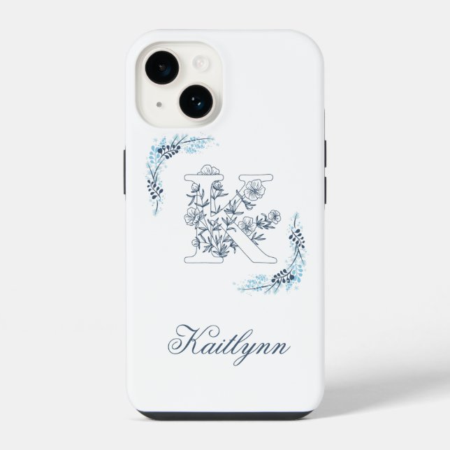Initial "K" Blue Monogram Calm Floral iPhone Case (Back)