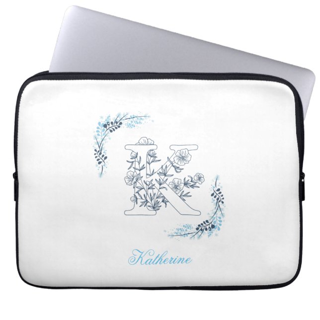 Initial "K" Blue Monogram Calm Floral Laptop Sleeve (Front)