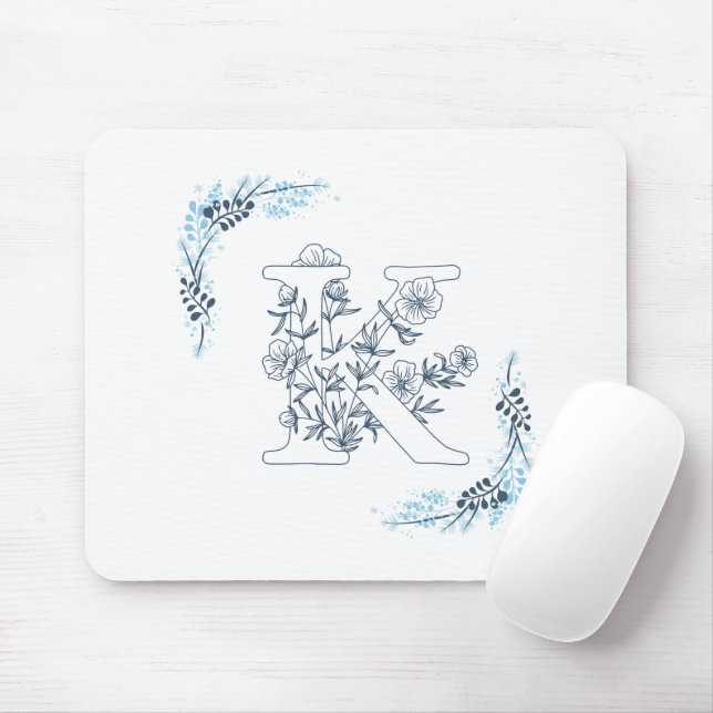 Initial "K" Blue Monogram Calm Floral Mouse Pad (With Mouse)