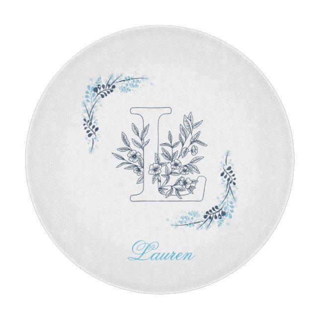 Initial "L" Blue Monogram Calm Floral Cutting Board (Front)
