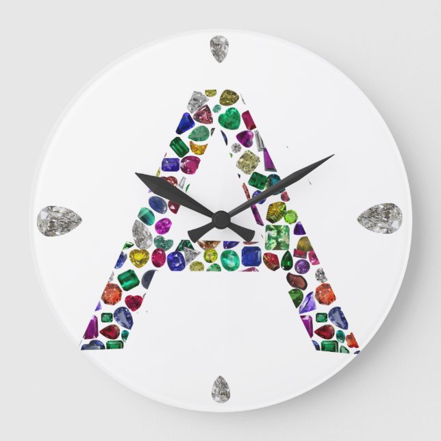 Initial Letter A with Gemstone Floral Monogram Large Clock (Front)