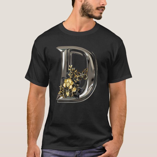 Initial Letter D Monogram with Flowers and Butterf T-Shirt (Front)