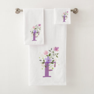 Initial Letter F Plus Floral Design Bath Towel Set