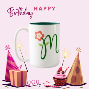 Initial Letter Green Monogram, Orange Flower Two-Tone Coffee Mug