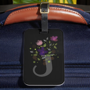 Initial Letter J Plus Dark Floral Design Luggage Tag