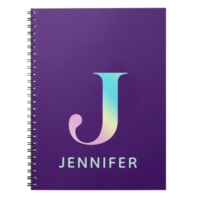 Initial Letter J Rainbow Personalised Purple Notebook (Front)