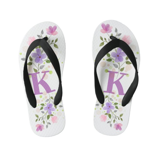 Initial Letter K Plus Floral Design Kid's Jandals (Footbed)