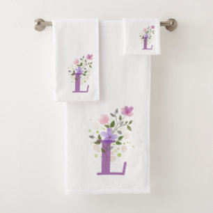 Initial Letter L Plus Floral Design Bath Towel Set