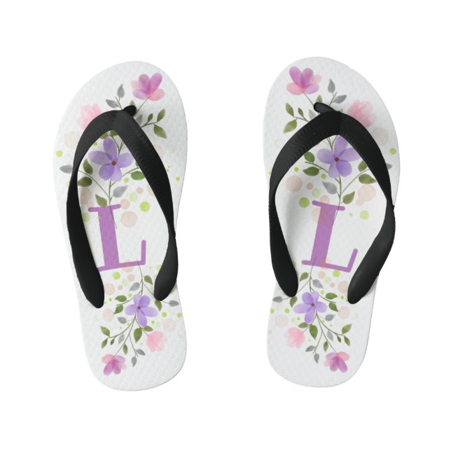 Initial Letter L Plus Floral Design Kid's Jandals (Footbed)