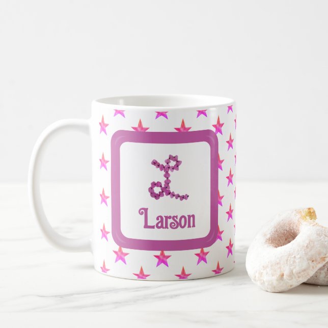 Initial Letter L Stars Pink Flower Monogram Coffee Mug (With Donut)